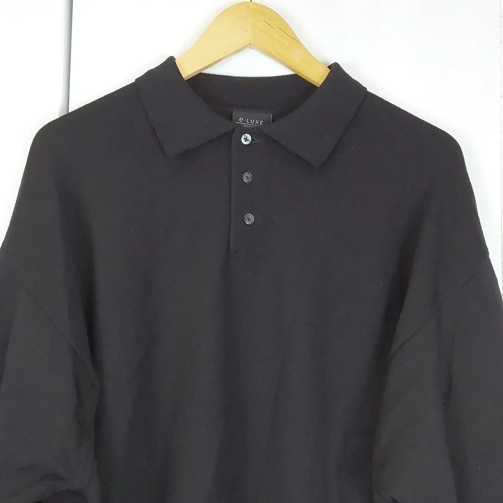 E-Luxe Evergreen |Mens Polo Black Wool Button Sweater Luxury Collar Preppy Sz.XL